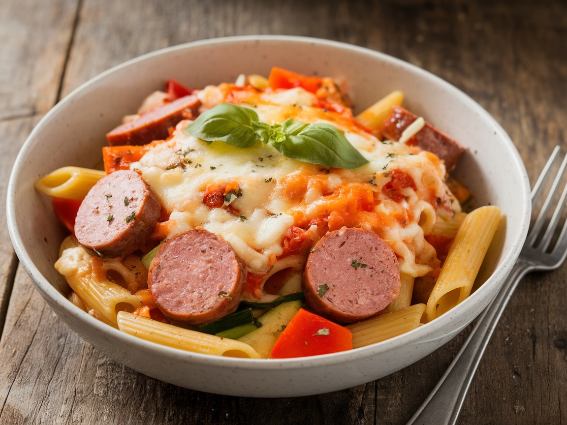 A bowl of One Pot Smoked Sausage Pasta with sausage, pasta, and vegetables topped with cheese and basil.